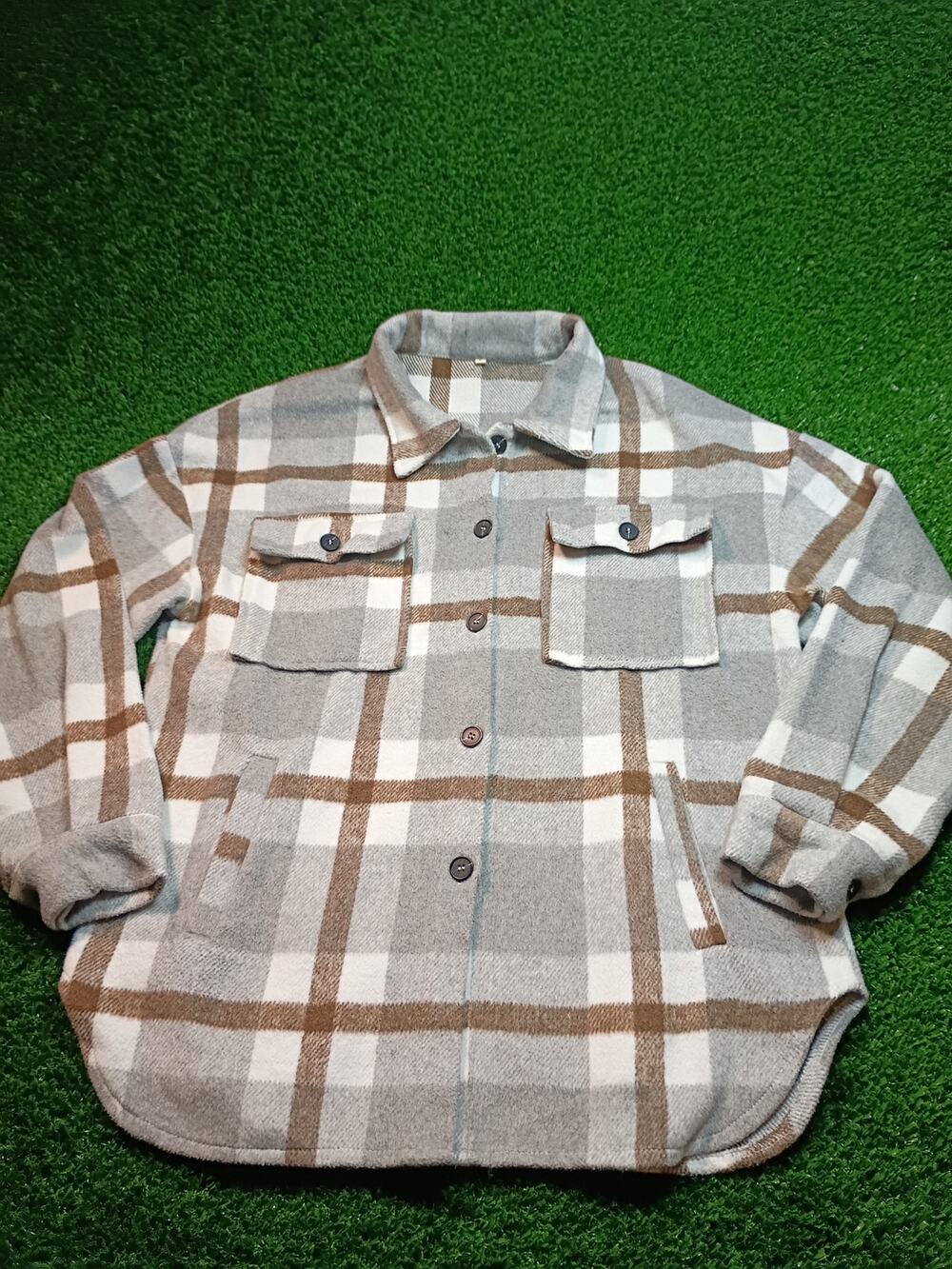 Cozy Grey Brown White Plaid Flannel Shacket - Women's M